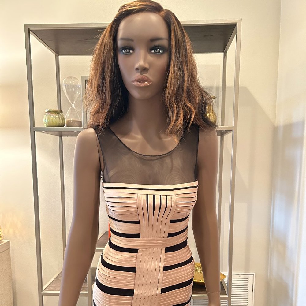 BCBGMaxAzria Champagne Gold Black Mini Dress Size 0 - Picture 2 of 7